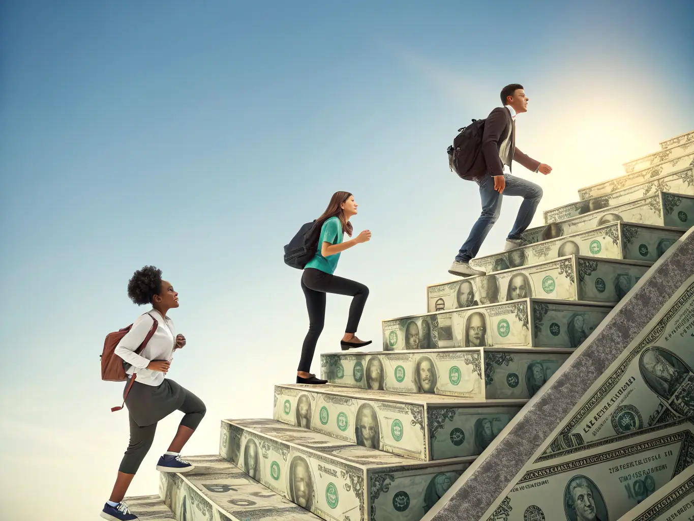 A digital illustration of a person climbing a staircase towards a bright future, representing the career advancement opportunities provided by CLPS L’Enjeu Compétences.