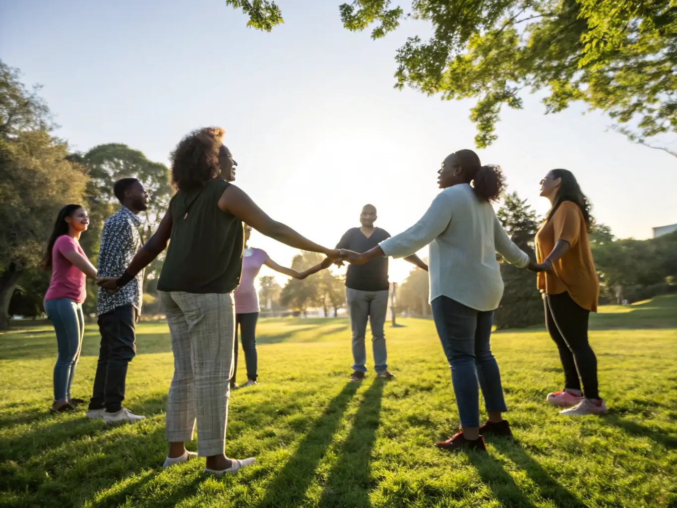 A photograph of a group of people participating in a team-building activity outdoors, symbolizing the community engagement aspect of CLPS L’Enjeu Compétences' programs.