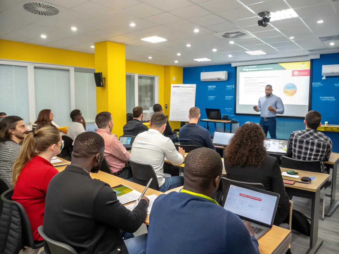 An image showing a diverse group of participants engaged in a training workshop with trainers providing guidance, representing the Professional Integration Programs offered by CLPS L’Enjeu Compétences.