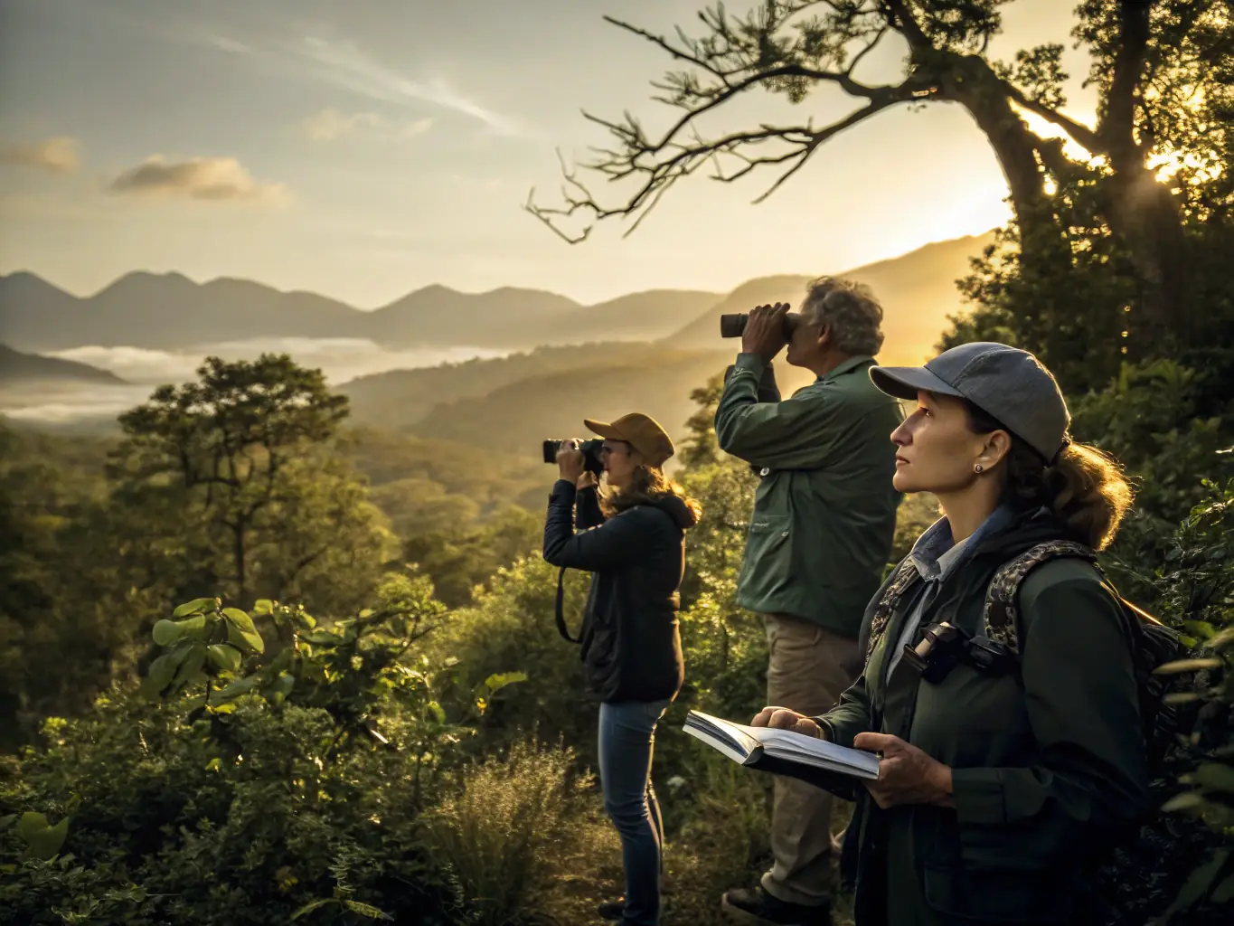 A team of volunteers and staff patrolling a lush forest with monitoring equipment and safety gear, representing RUN ECOGARDE's Environmental Patrols initiative.