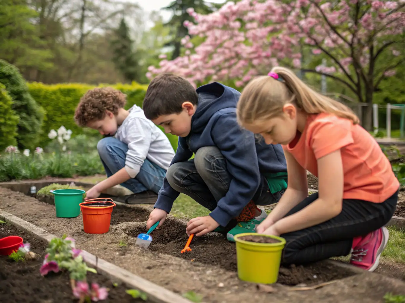A group of children participating in a hands-on environmental workshop outdoors, showcasing RUN ECOGARDE's Educational Outreach program.