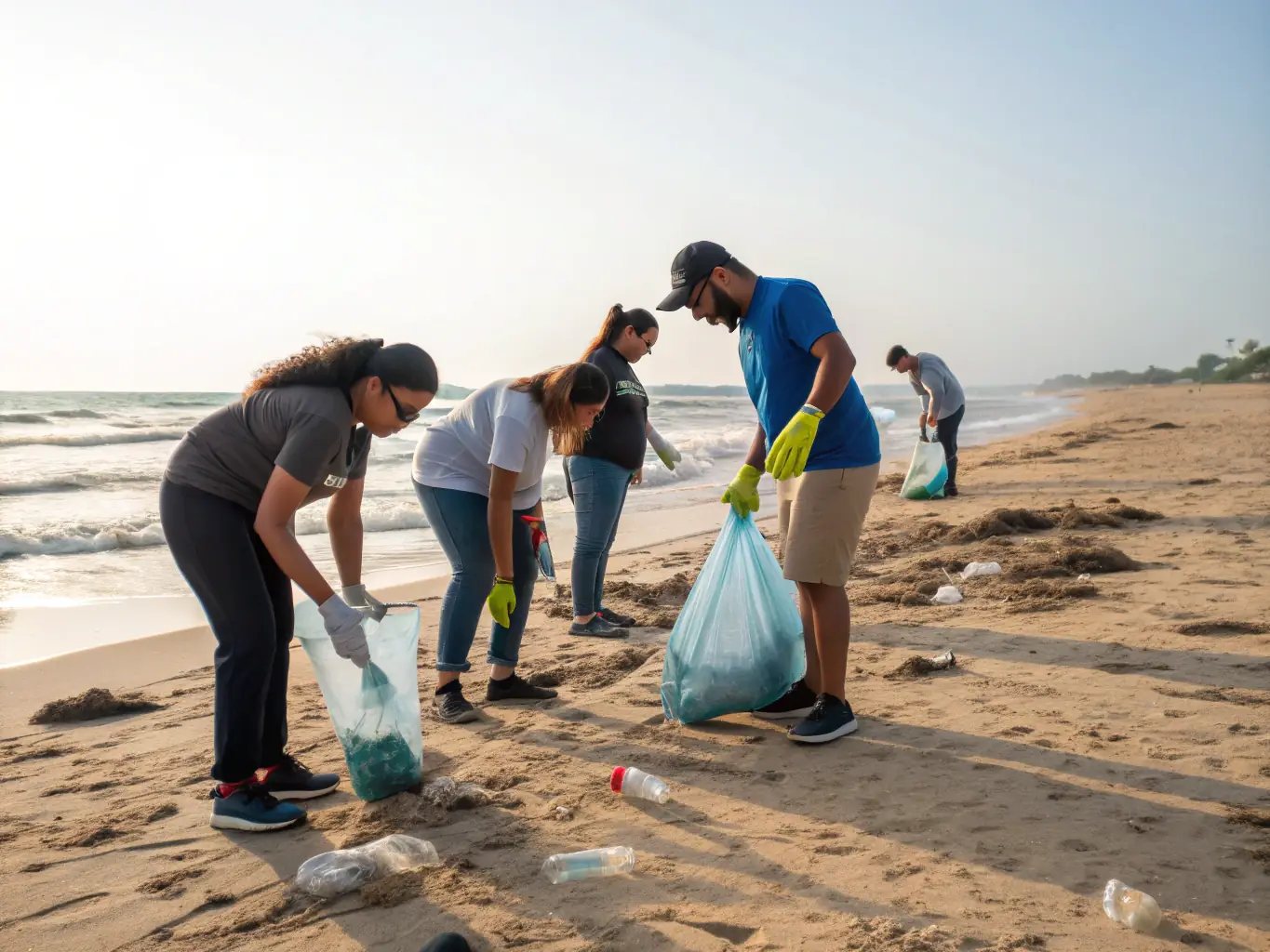 A photo showcasing RUN ECOGARDE members working alongside local community members on a beach cleanup project in La Réunion. The image should highlight teamwork and community spirit.