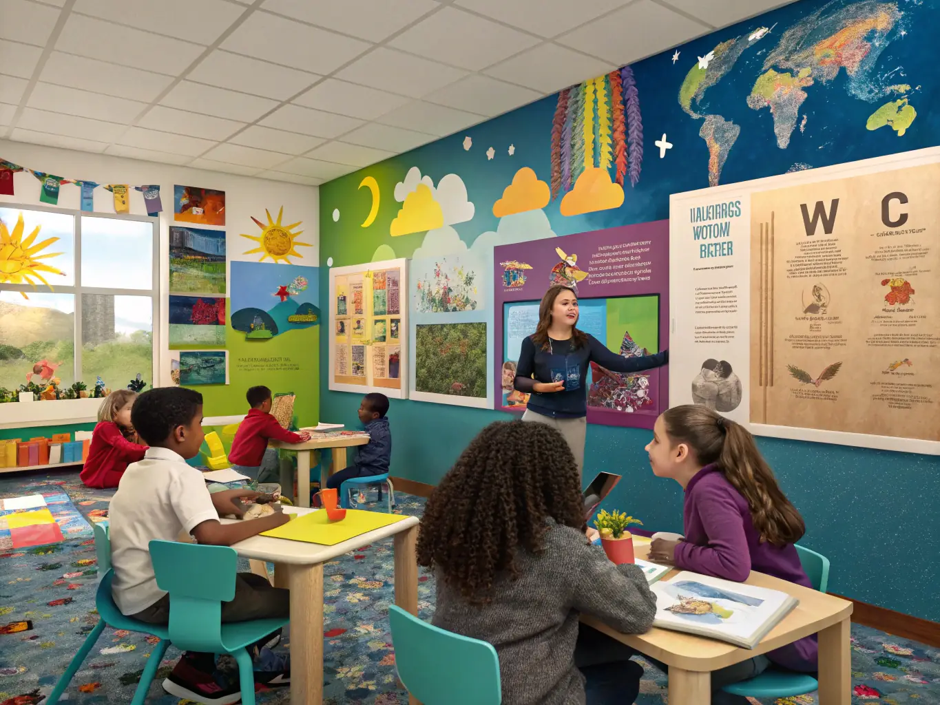 A vibrant photo of a RUN ECOGARDE workshop in a local school, with children actively participating in a lesson about environmental conservation. The scene should be engaging and educational.