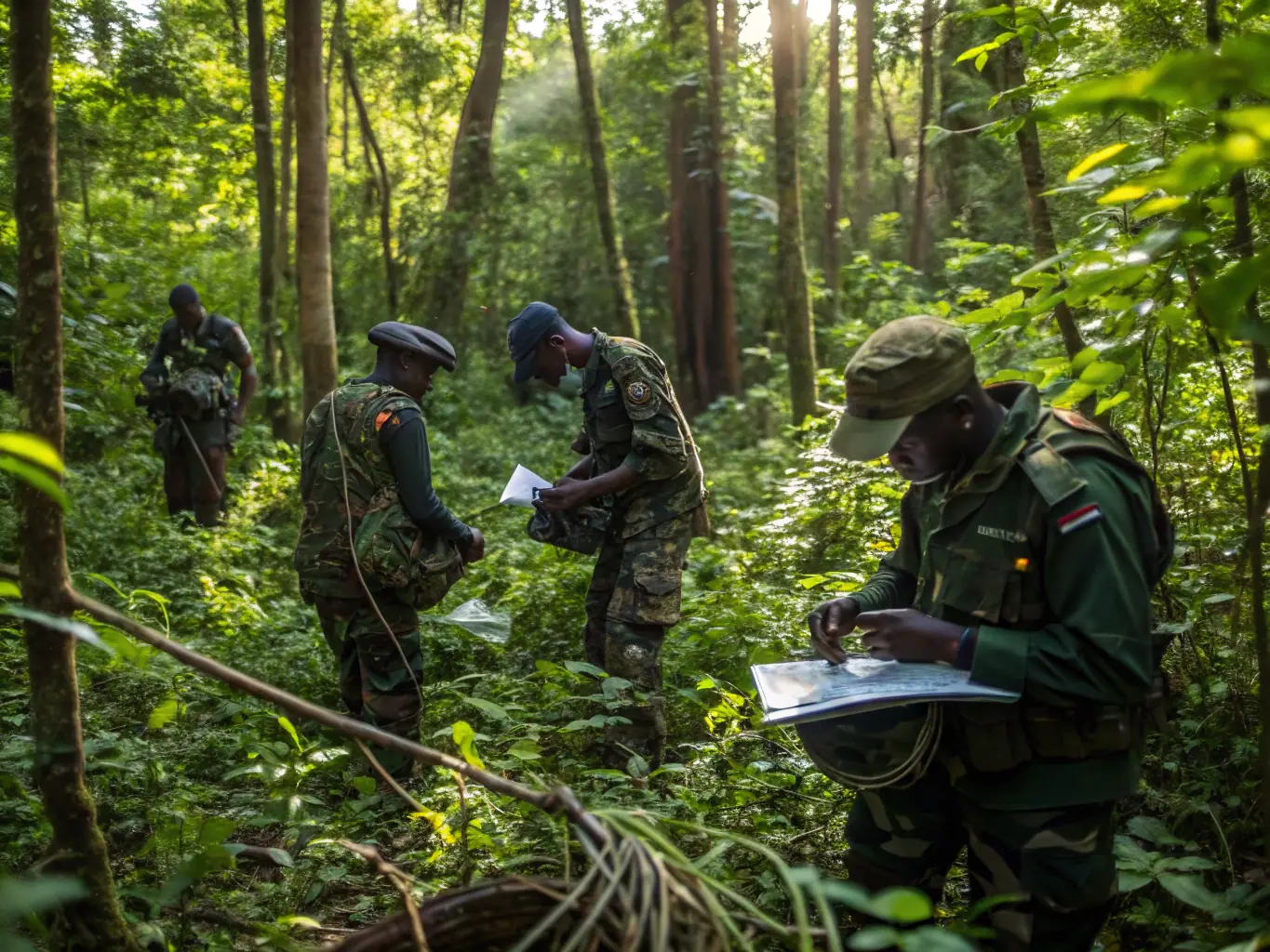 A photo of RUN ECOGARDE members conducting a patrol in a lush, green forest in La Réunion, checking for signs of environmental damage or illegal activity. The image should convey a sense of dedication and vigilance.