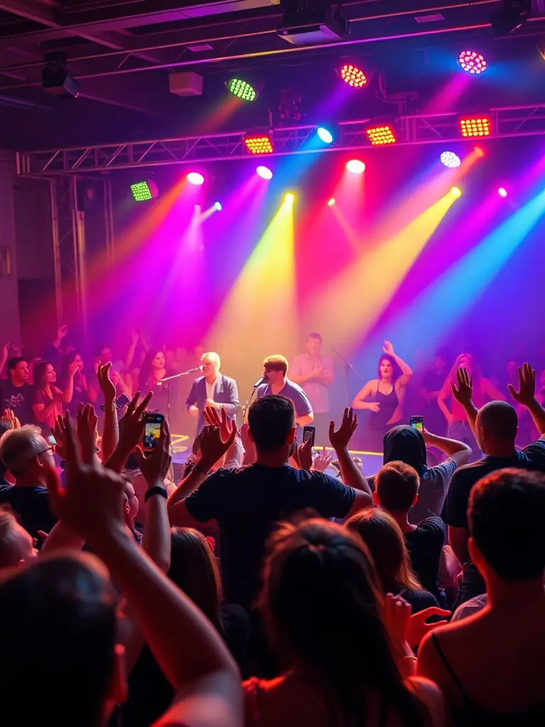 A vibrant image of a live musical performance at LE LEZ'ART, featuring a local band and an enthusiastic audience.