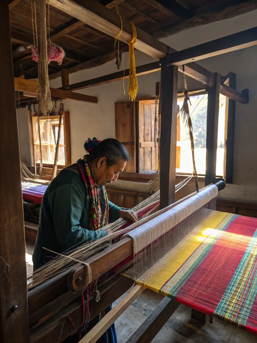 A picture of an artisan demonstrating traditional weaving techniques at a LE LEZ'ART craft fair, surrounded by colorful textiles.