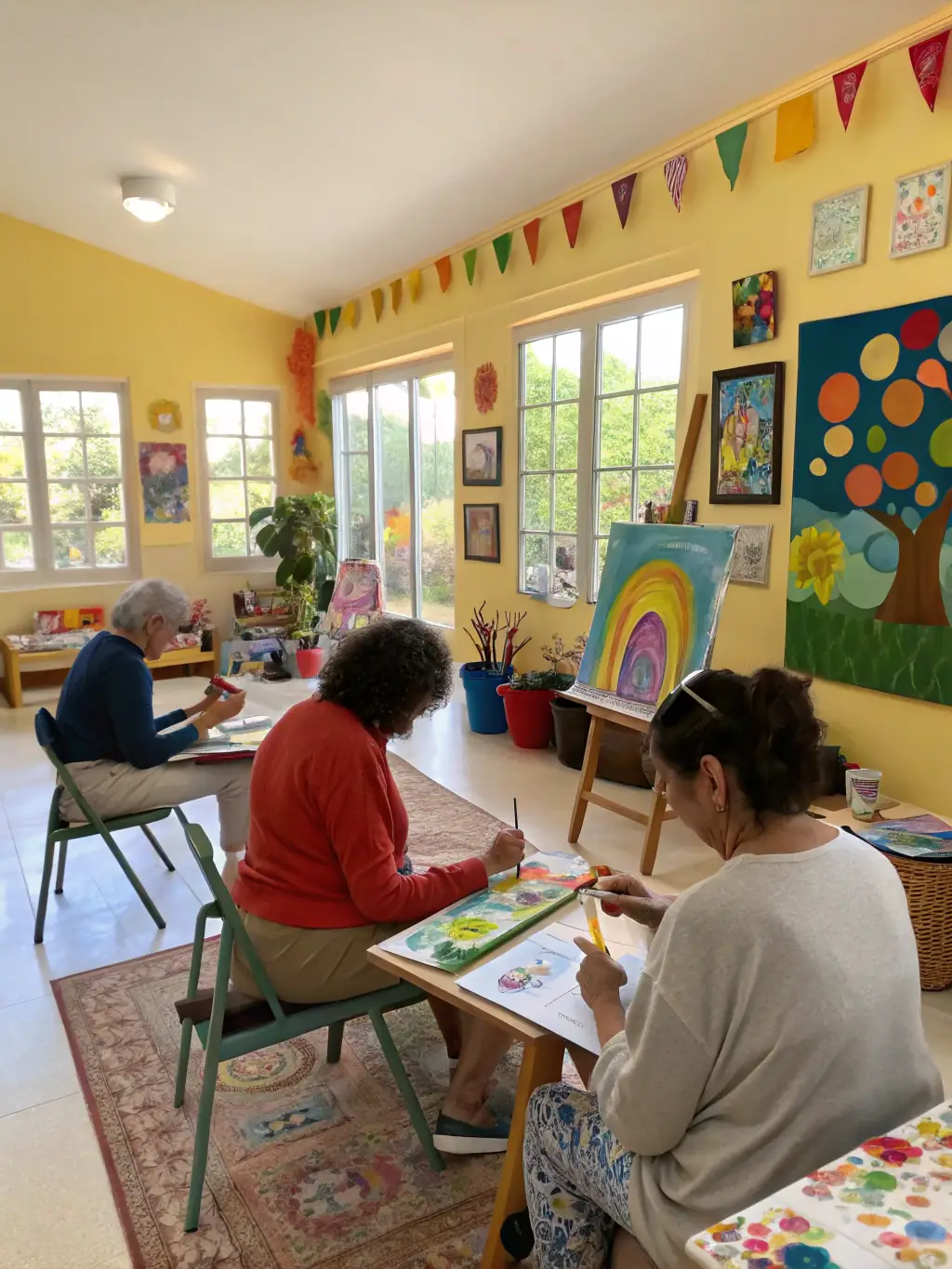 A photo of participants in an art therapy session at LE LEZ'ART, painting and expressing themselves in a supportive environment.
